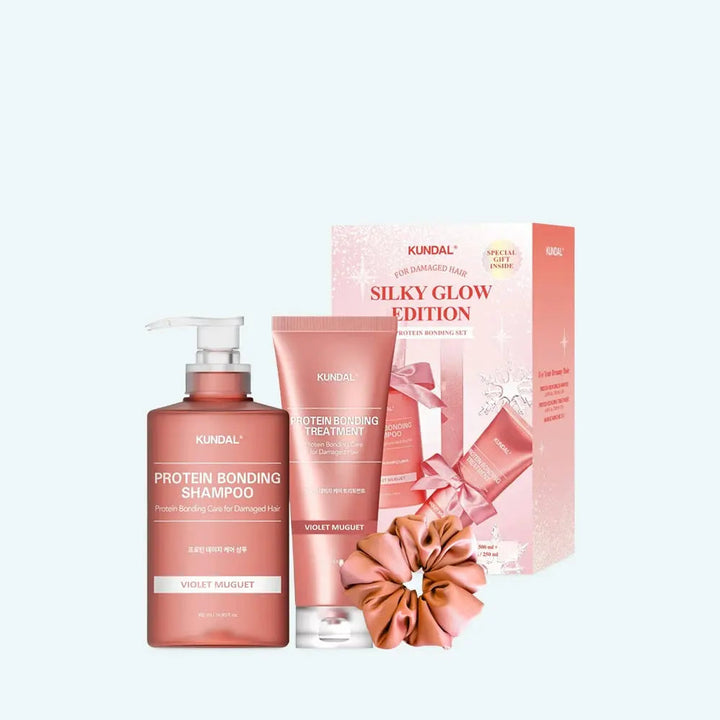 KUNDAL Holiday Silk Glow Edition Protein Bonding Care Shampoo 500ml + Treatment 250ml + Hair Scrunchie KUNDAL