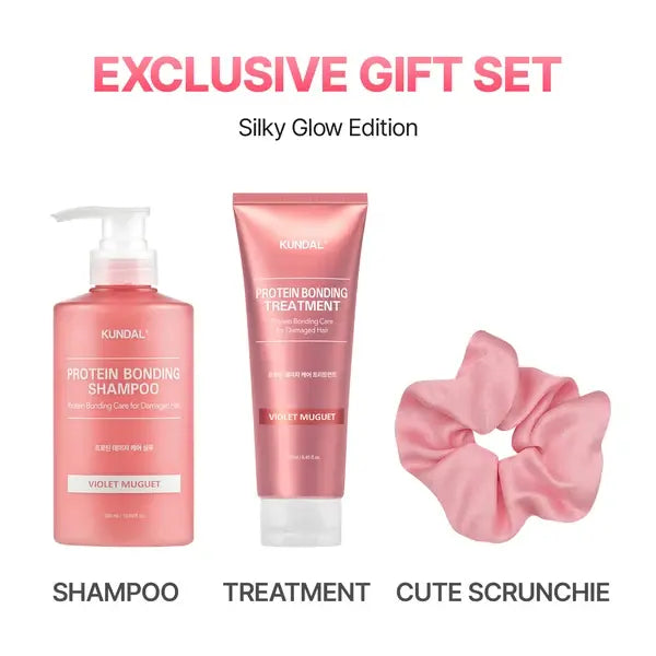 KUNDAL Holiday Silk Glow Edition Protein Bonding Care Shampoo 500ml + Treatment 250ml + Hair Scrunchie KUNDAL